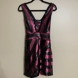 Milly sequin striped‎ mini dress black red xback size 2